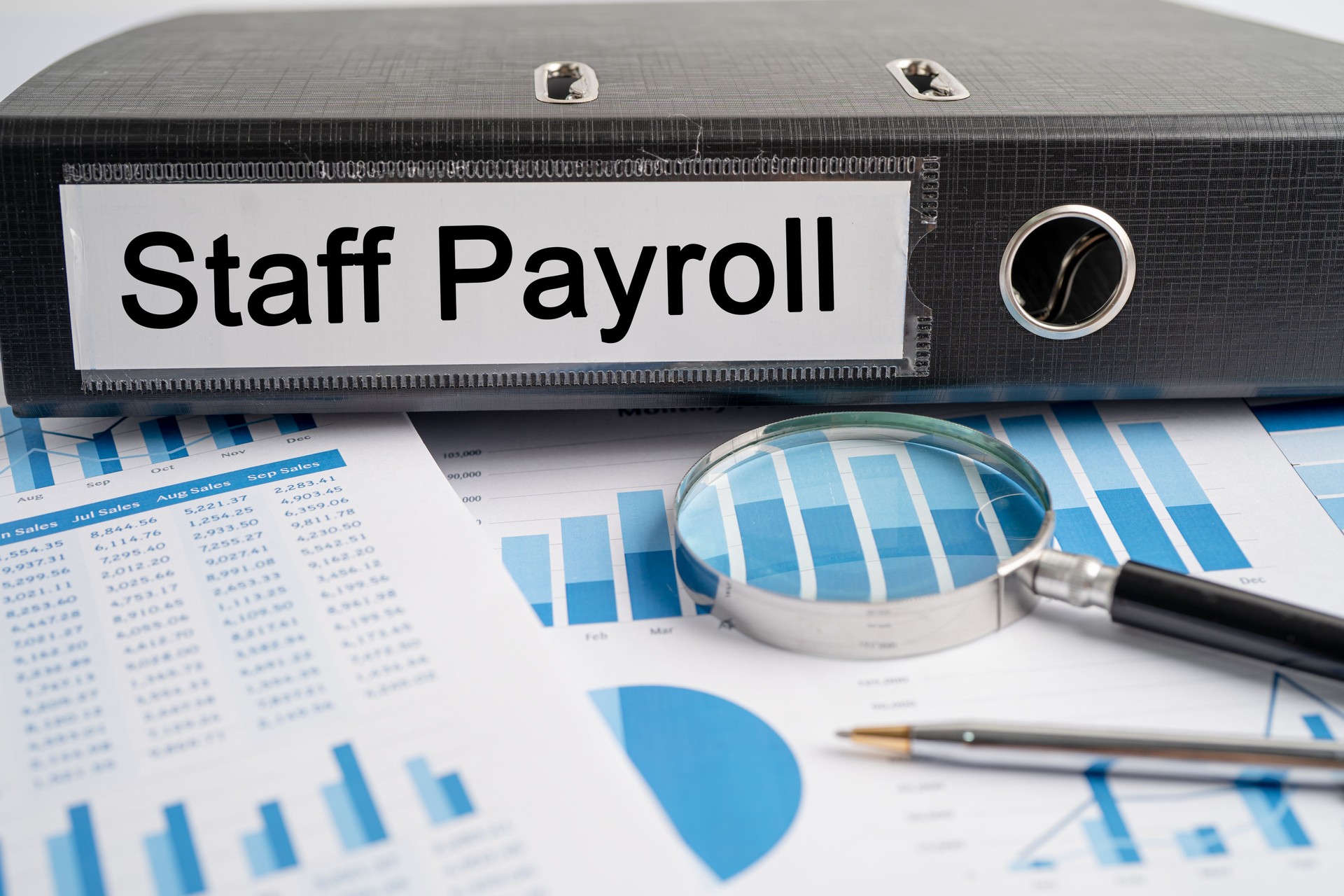 Staff Payroll. Binder data finance report business with graph analysis in office.